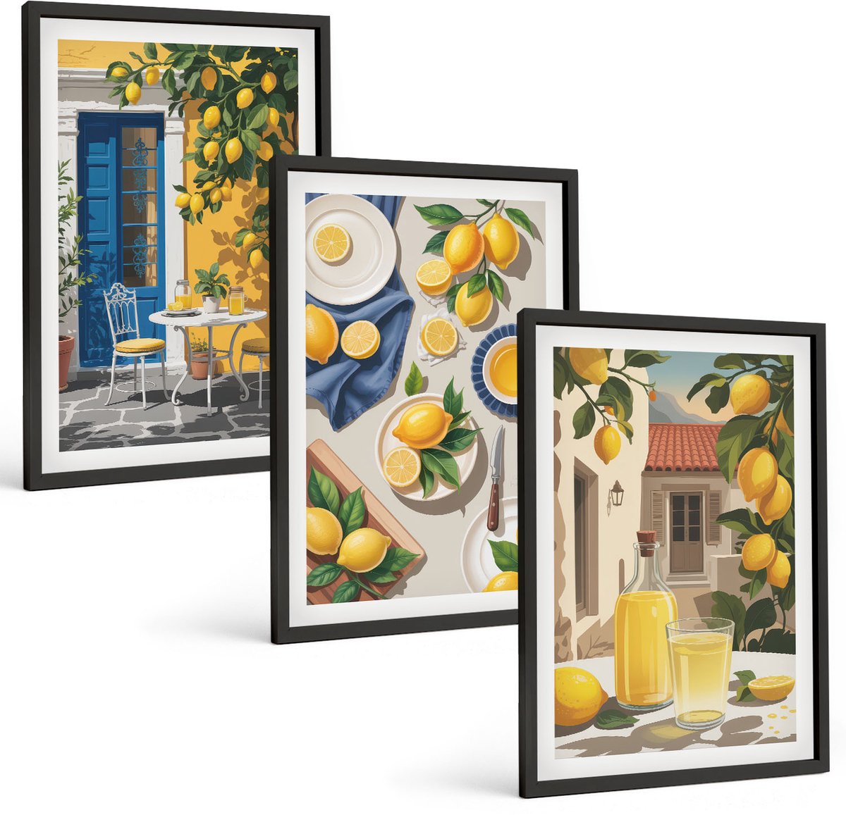 Coloray 3-Delige Schilderij Set - Citroentuin Met Citroenen En Drankjes Op Tafel. - 40 x 60 cm - Stijlvolle Muurdecoratie - Kantoor - Woonkamer Decoratie
