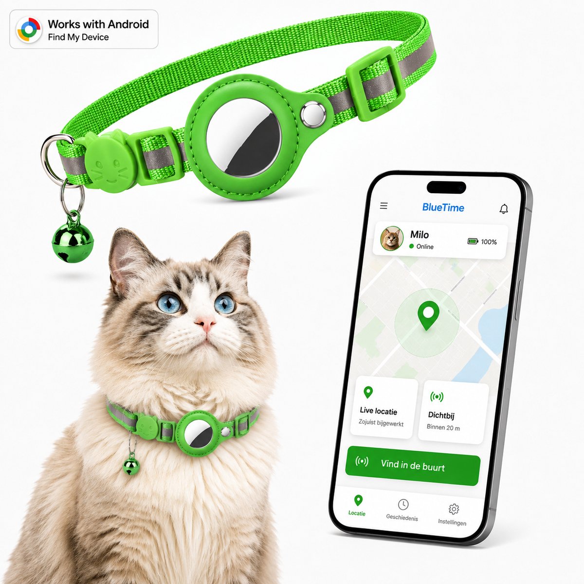 BlueTime® Kattenhalsband - Katten Bandje met Tracker - Halsband Incl. GPS Tag voor Android Find My Device - Verstelbaar met Veiligheidssluiting en Belletje - voor Kat & Kitten - Zonder Abonnement - Air Cat Collar - Groen