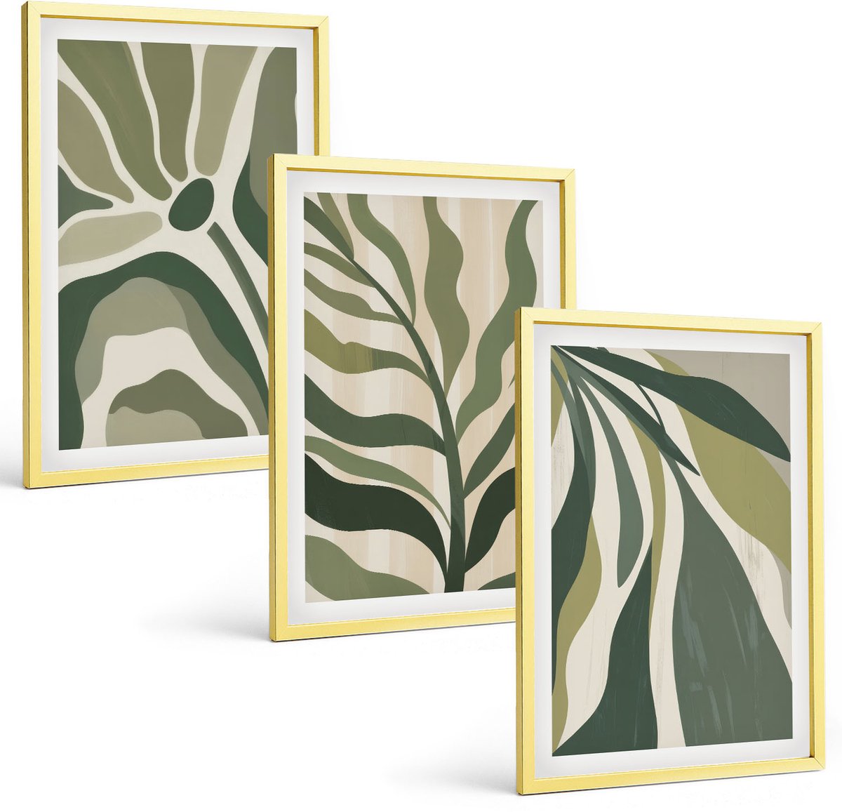 Coloray 3-Delige Schilderij Set - Geschilderde Illustraties Van Bladeren In Verschillende Tinten Groen. - 40 x 40 cm En 40 x 60 cm - Decoratieve Schilderijen - Wanddecoratie - Hal - Muurdecoratie