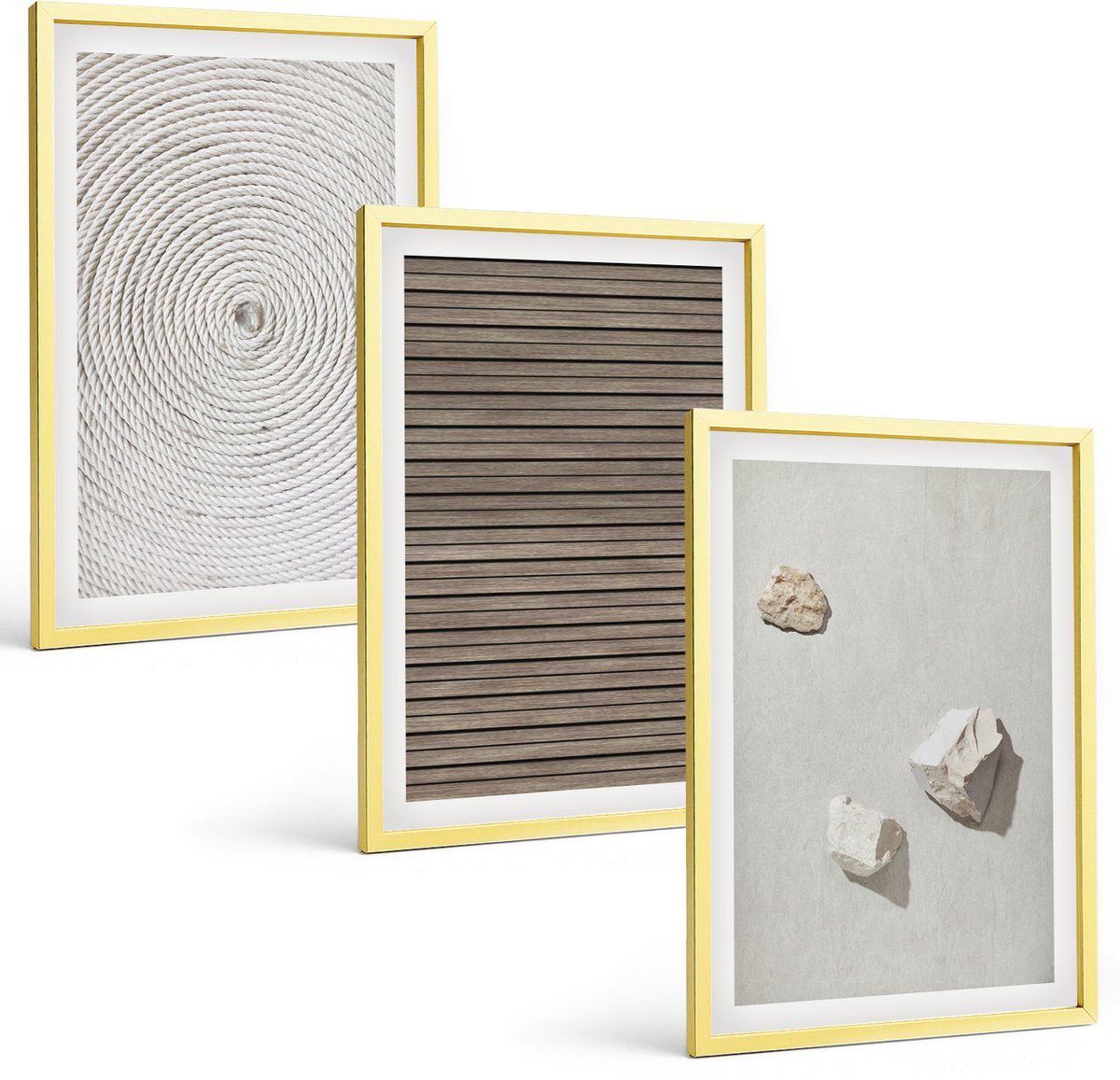 Coloray 3-Delige Schilderij Set - Natuurlijke Texturen: Hout, Stenen, Touw - 40 x 40 cm En 40 x 60 cm - Muurdecoratie - Decoratieve Schilderijen - Wohnzimmer - Interieur Decoratie
