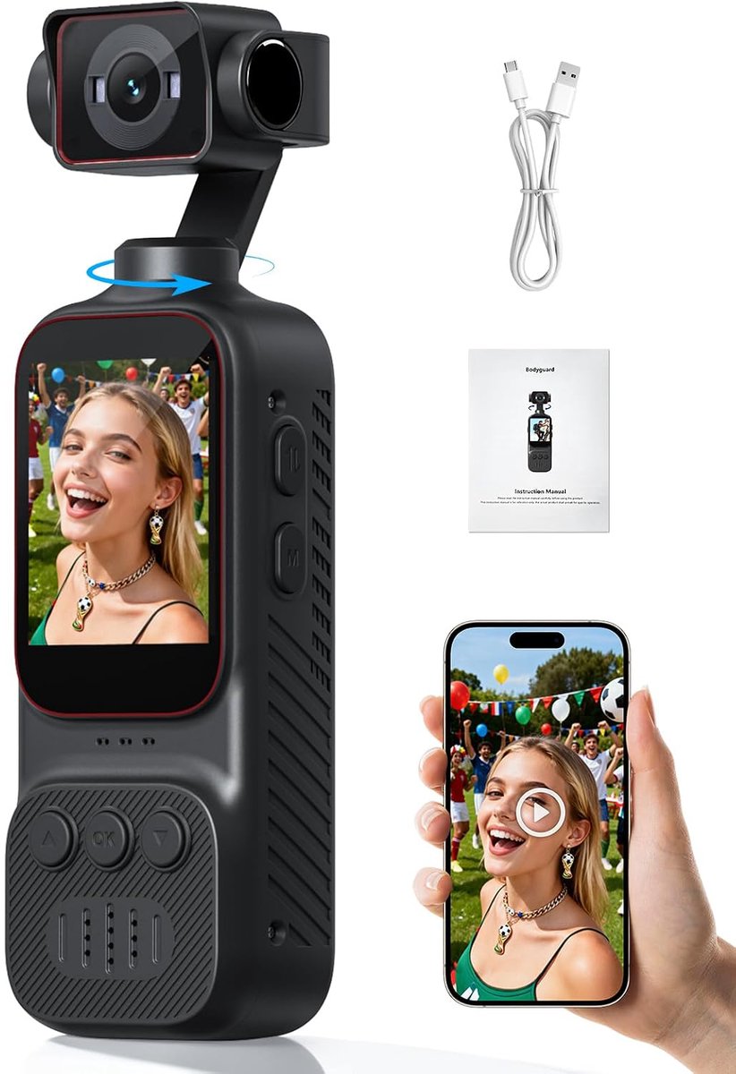 WINNES Pocket Camera - 4K Action Camera met Draaibare Lens - Vlogcamera - WiFi POV Cameras - Touchscreen en 120° Wide Angle Lens, 270° Rotating Head