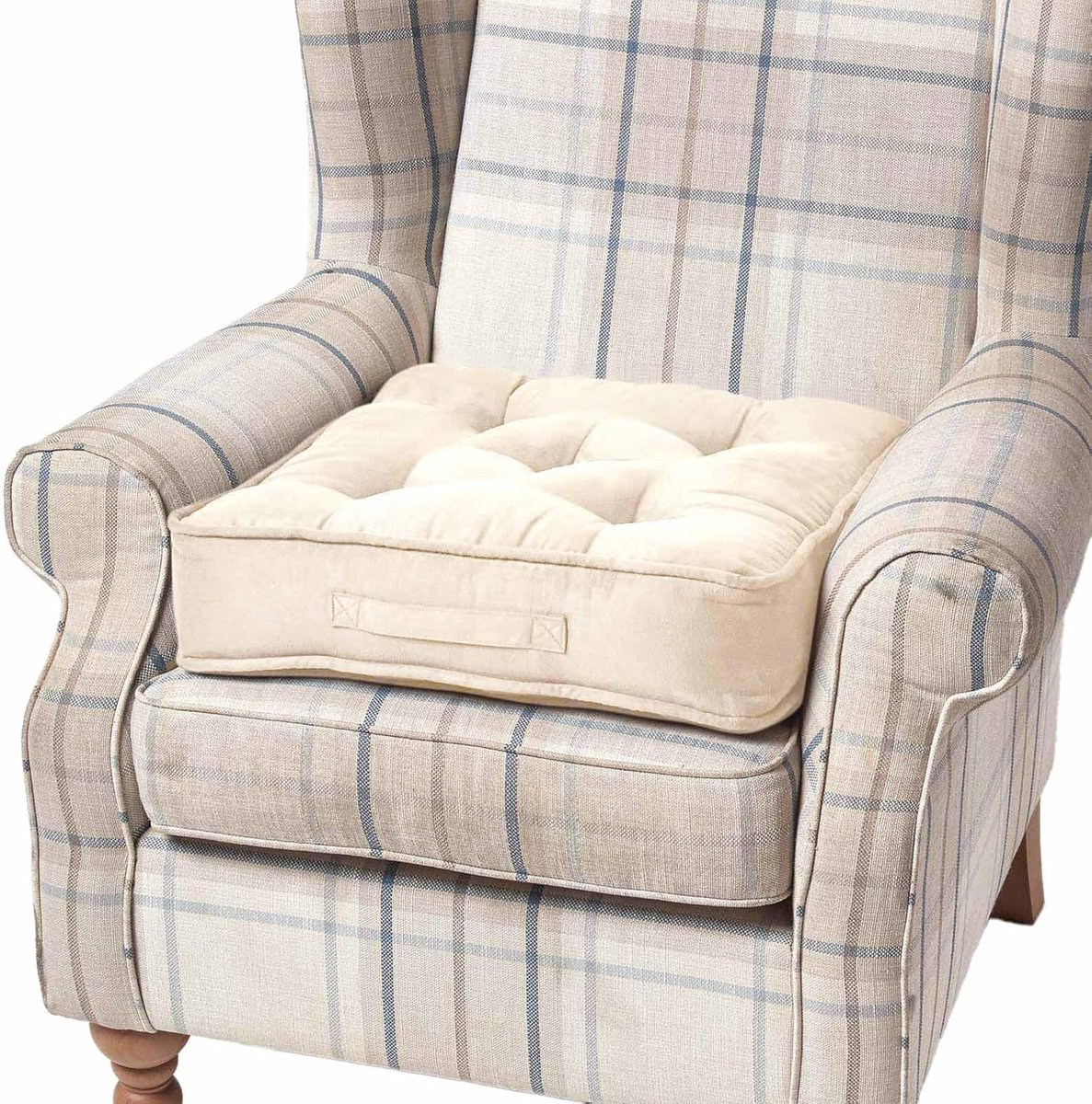 Grote zitkussen 50 x 50 x 10 cm, stoelverhoger met handvat en velours hoes, gestoffeerde stahulp voor fauteuils en banken, crèmewit