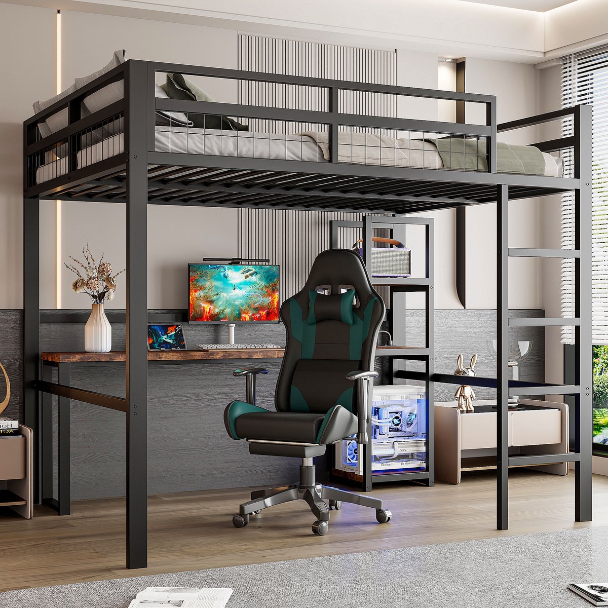 Sweiko Hoogslaper - 140 x 200cm - Metalen frame - Opbergplank - Met bureau - USB/Type-C Oplaadaansluiting - Zwart