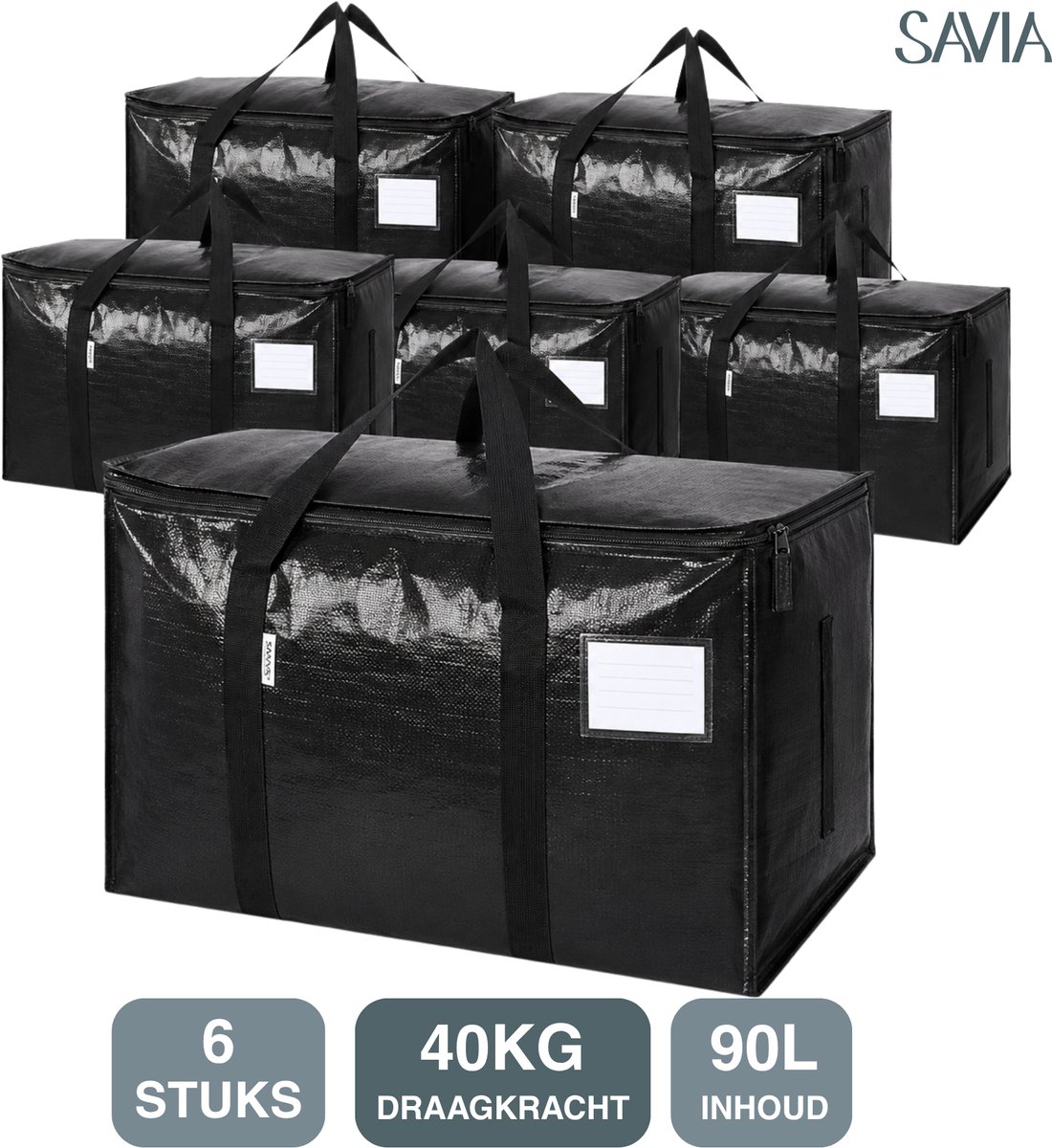 Savia Verhuistassen XXL Set van 6 Extra Sterk – Zwart – Verhuisdozen 90L voor Zware Spullen & Glazen – Boekendozen – Moving Boxes – Big Shopper – Opbergdoos Opbergbox Opbergbak – Wastas