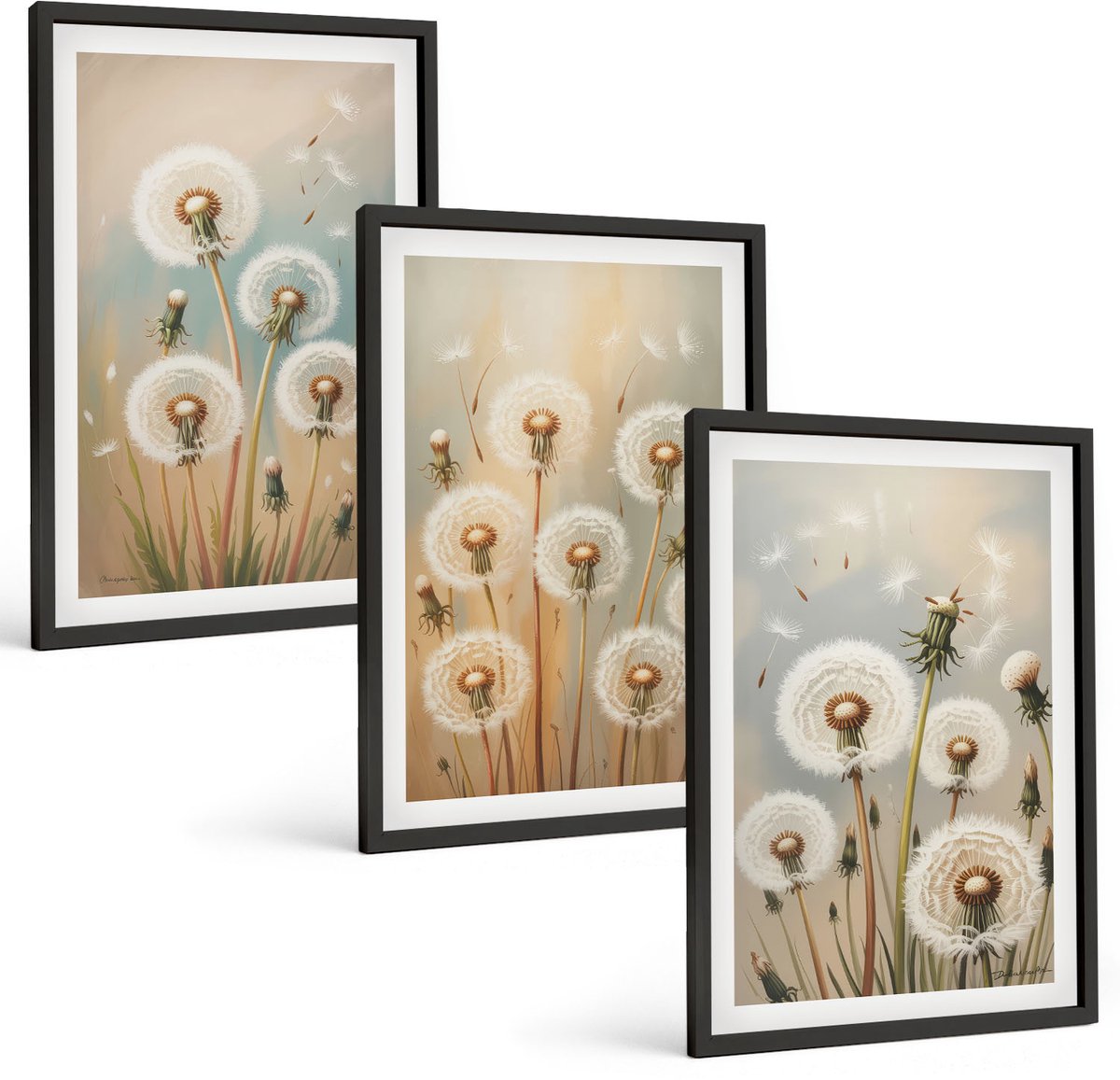 Coloray 3-Delige Schilderij Set - Paardenbloemen Op Een Pastelkleurige Achtergrond - 40 x 60 cm - Wanddecoratie - Muurdecoratie - Woonkamer - Decoratieve Schilderijen