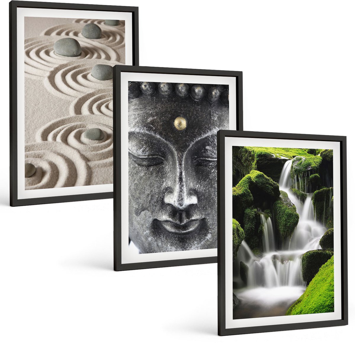 Coloray 3-Delige Schilderij Set - Rust Van De Natuur Met Stenen, Een Waterval En Een Boeddha. - 40 x 60 cm - Muurdecoratie - Decoratieve Schilderijen - Wohnzimmer