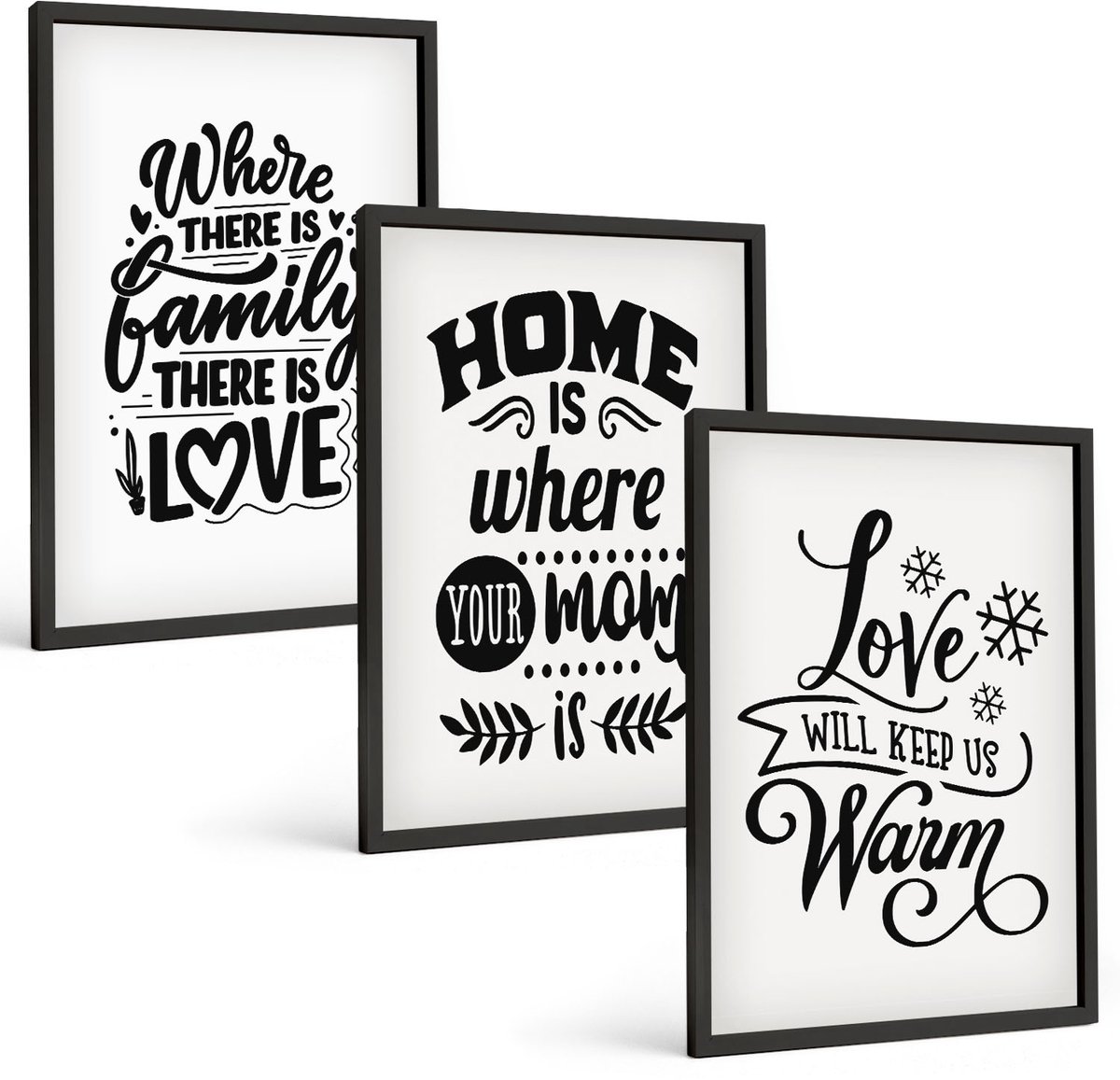 Coloray 3-Delige Schilderij Set - Familie, Liefde, Thuis, Warmte In Eenvoudige Slogans - 40 x 60 cm - Wanddecoratie - Moderne Interieurdecoratie - Moderne Wanddecoratie