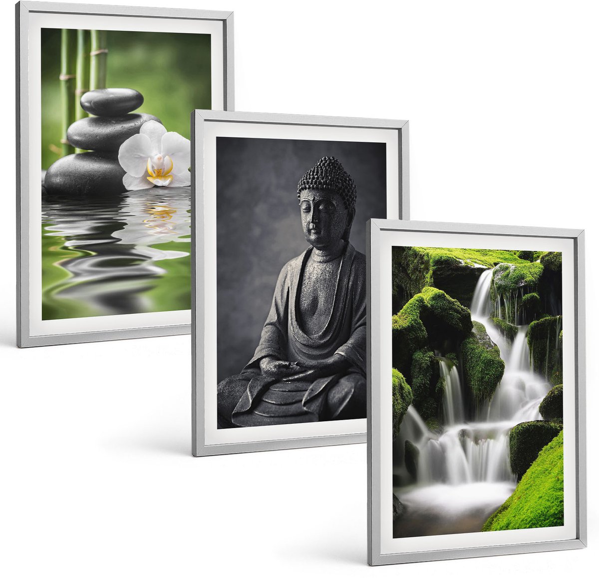Coloray 3-Delige Schilderij Set - Rustgevende Zen-Afbeeldingen Met Water, Stenen En Boeddha - 40 x 60 cm - Wanddecoratie - Schilderijen Set - Interieur - Interieur Decoratie
