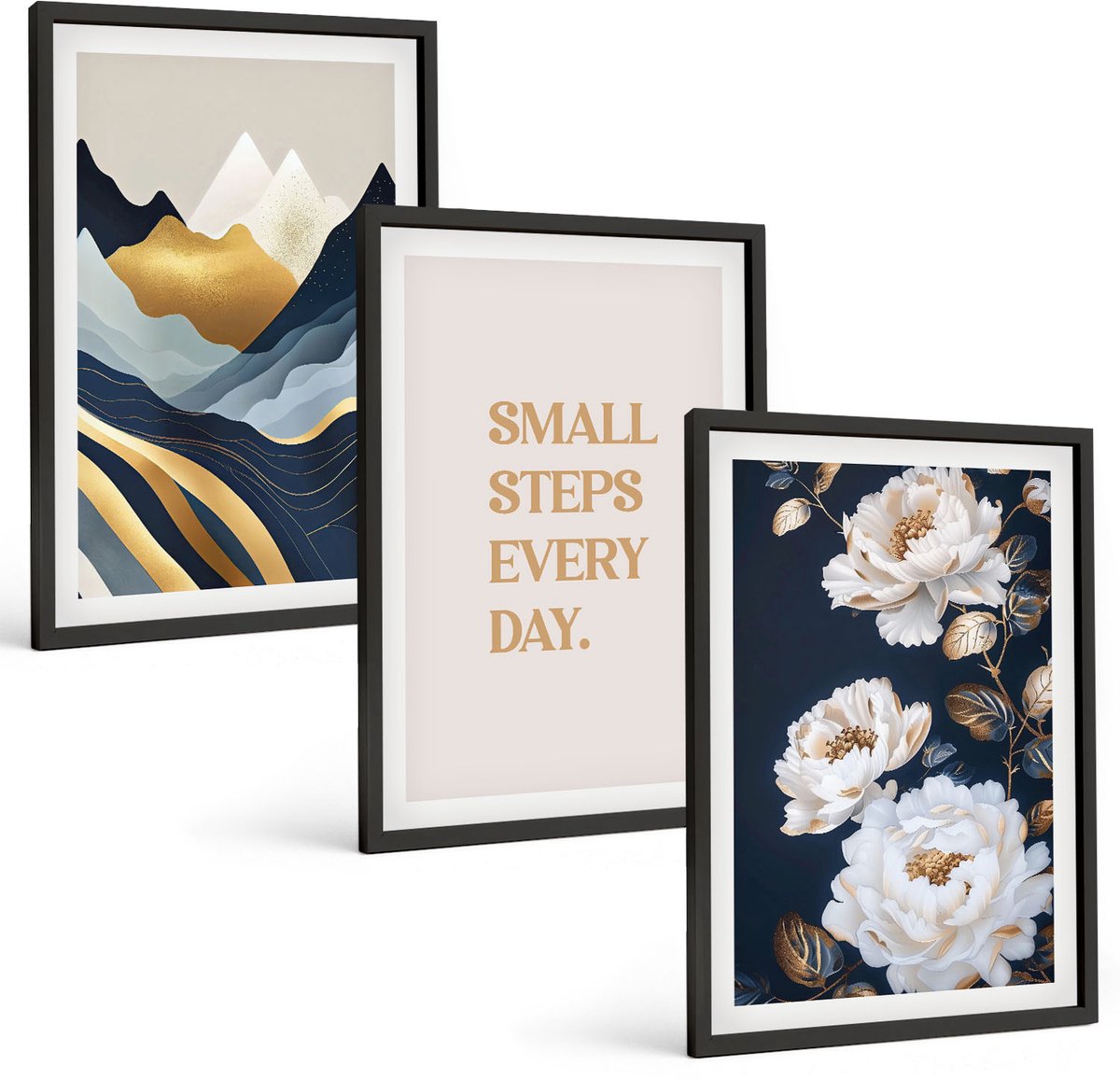 Coloray 3-Delige Schilderij Set - Abstracte Bergen, Bloemen En Inspirerende Letters - 40 x 60 cm - Decoratieve Schilderijen - Woonkamer - Interieur - Interieur Decoratie