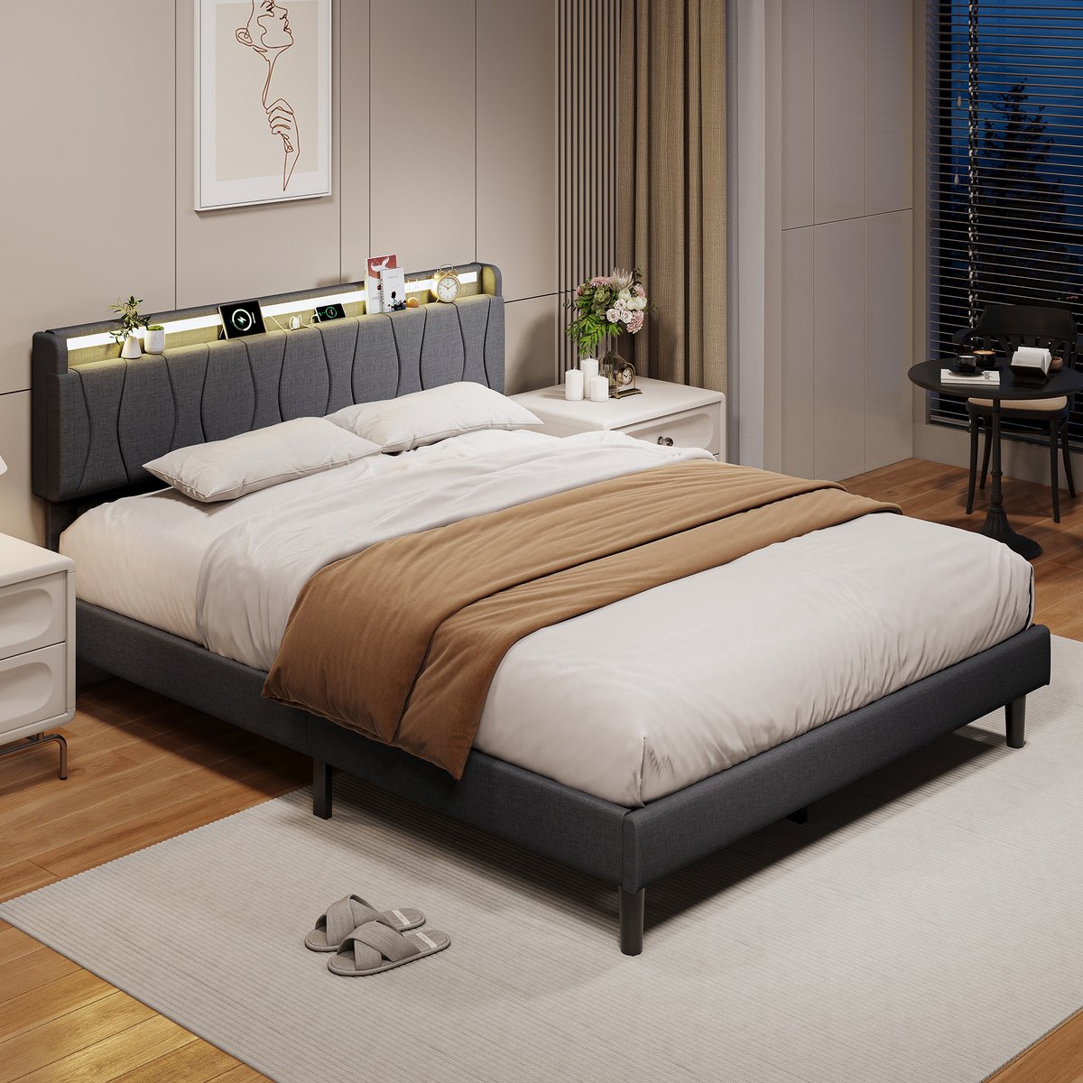 Tweepersoonsbed 160x200 cm grijs linnen met RGB-LED, USB-C en USB-poorten, lattenbodem inbegrepen