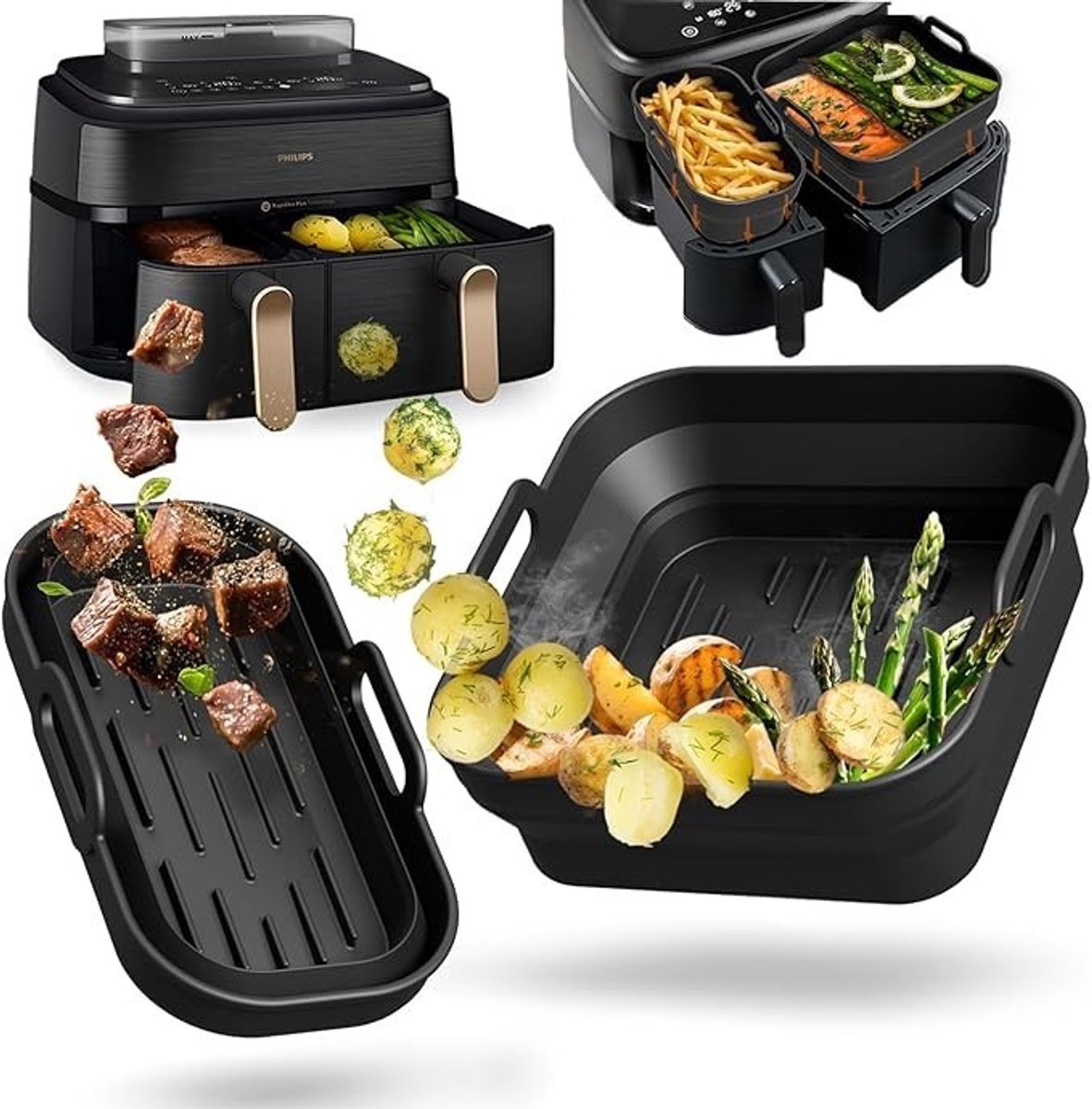 PolkaHome Opvouwbare Siliconen Airfryer Accessoire voor Philips 3000-5000 Dual Basket 9L