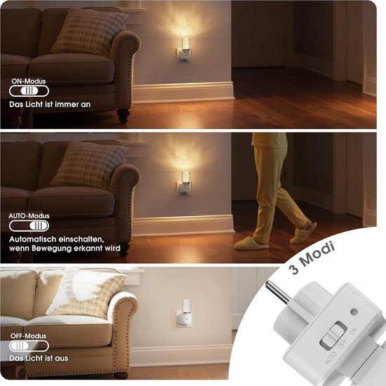 Nachtlampje Bewegingssensor - Stekkerlamp - Veilig Verlichten - Instelbare Helderheid - 100 Lumen - Warm Wit — afbeelding 3