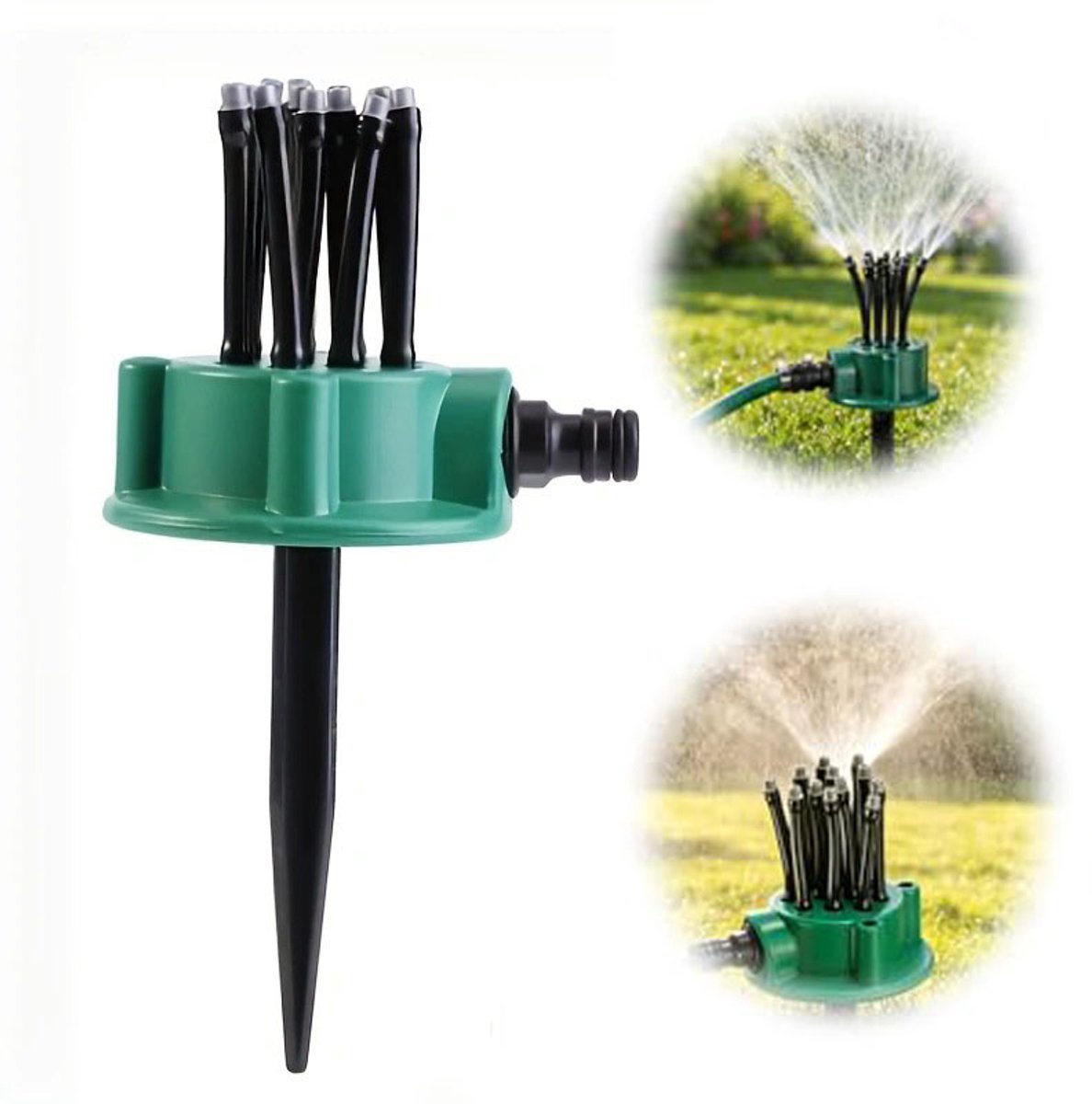 Sproeier met meerdere sproeikoppen - Tuinsproeier - Sproeier - Sproeisysteem - Met 12 flexibele, noedelvormige sproeikoppen - Eenvoudige installatie - Geschikt voor tuinen, velden, moestuinen, enz. - Groen, zwart