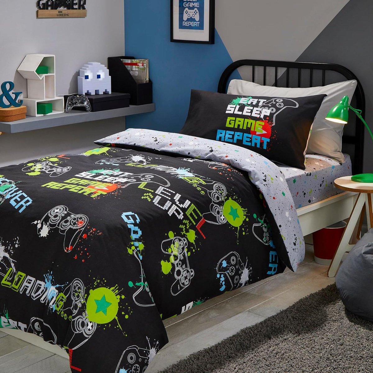 Kinderdekbedovertrek 140x200 cm - 3-delig - Gaming - Omkeerbaar - Zwart
