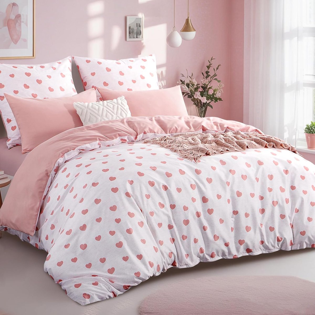 Dekbedovertrekset 200x200 cm - 3-delig Microvezel - Hartjes - Met Ritssluiting - Roze