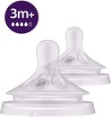 Twee Philips Avent spenen met nummer 4, geschikt voor 3+ maanden. Transparant materiaal met groeven.