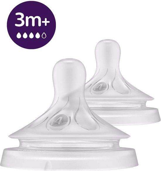 Twee Philips Avent spenen met nummer 4, geschikt voor 3+ maanden. Transparant materiaal met groeven.