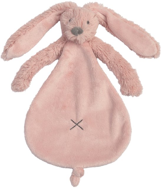 Lichtroze konijn knuffeldoekje met lange oren en een grijze neus. Gemaakt van zachte pluche stof.