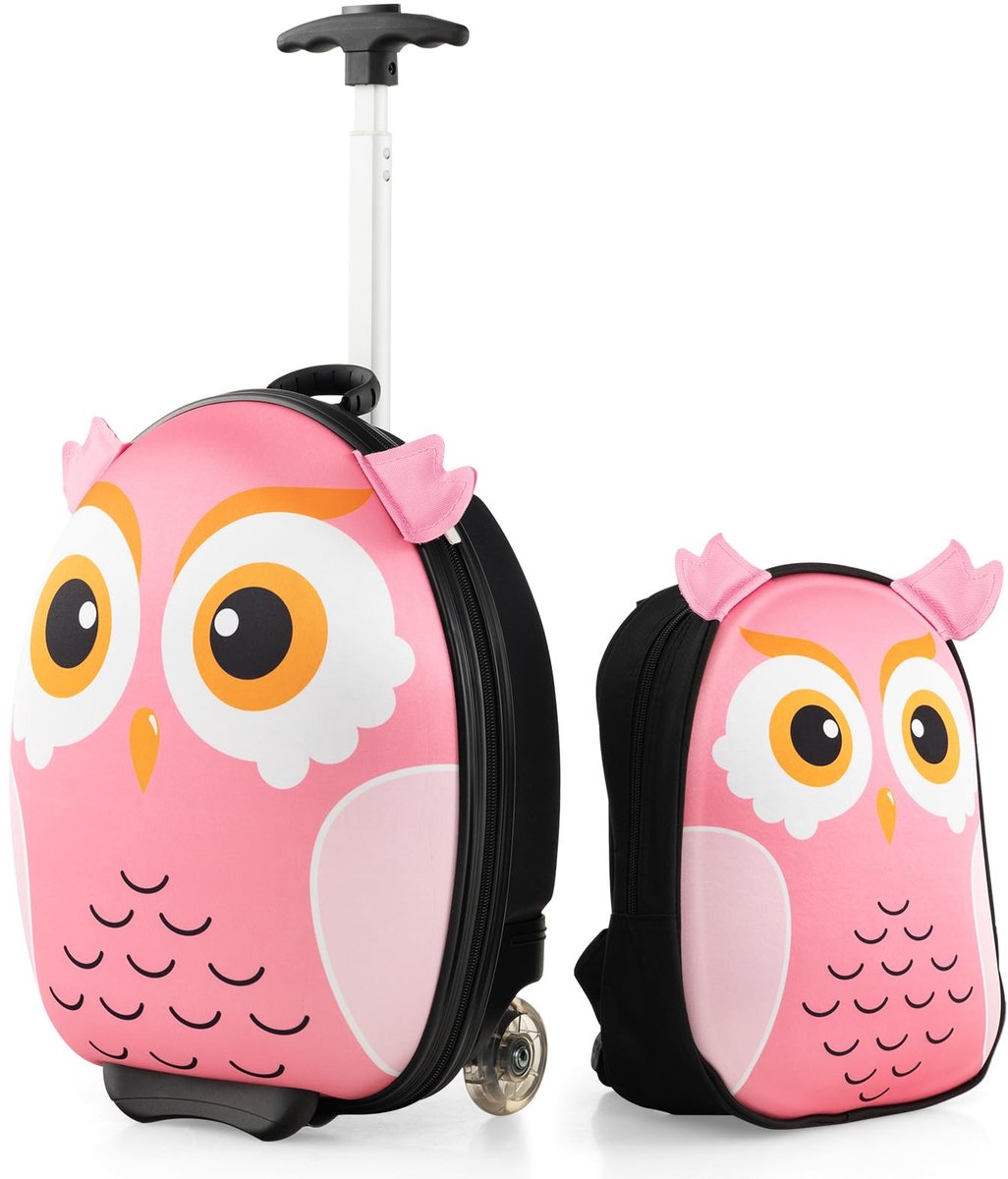 COSTWAY 2-delige kinderkoffer met rugzak, 12 inch + 16 inch kindertrolley, reisbagage met wielen en 3 treden telescopische handgreep, handbagage, harde koffer voor meisjes en jongens, uil, 12”+16”