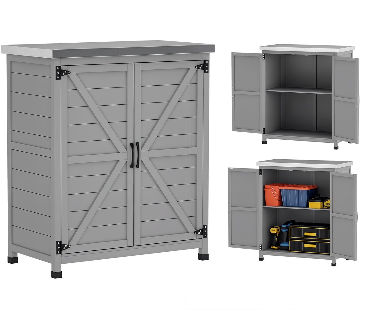 Tuinkast – buitenkast met werkblad – gereedschapskast – massief hout – staal – 79B x 43T x 92H cm – grijs