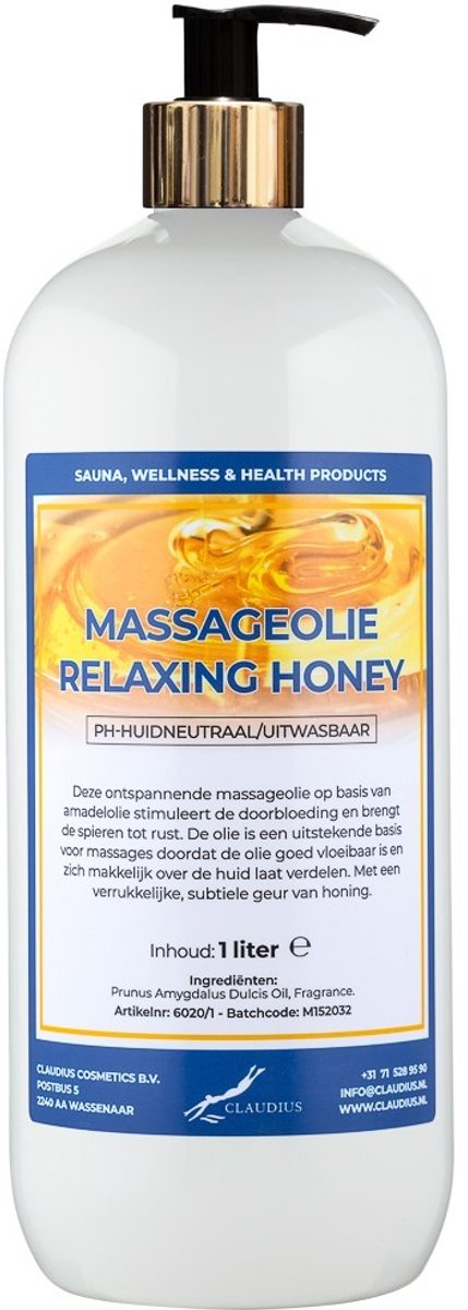 Massageolie Relaxing Honey 1 liter met gouden pomp - 100% natuurlijk - biologisch en koud geperst