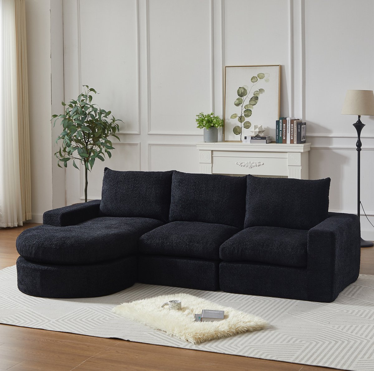 MIVRAY Hoekbank 250 x 160 cm - Modulaire 3 Zits Met Omkeerbare Chaise Longue En Dubbel Kussen - Voor Woonkamer - Chenille Zwart