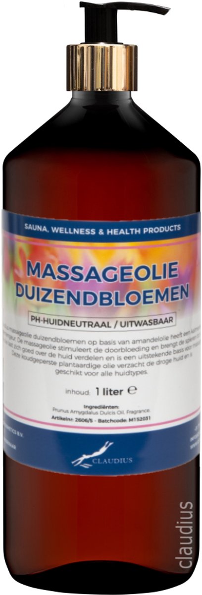 Massageolie Duizendbloemen 1 liter met gouden pomp - amber fles - 100% natuurlijk - biologisch en koud geperst