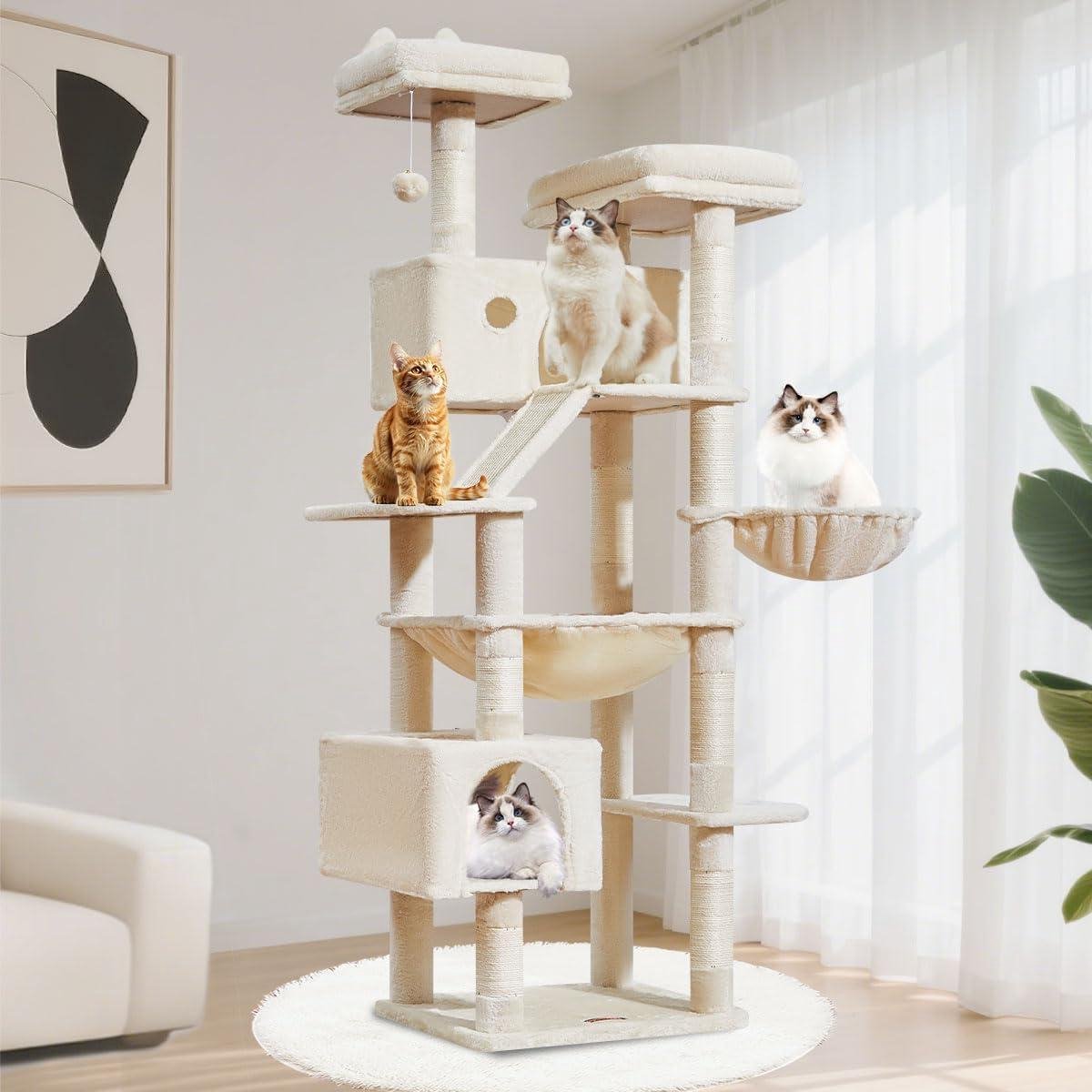 Krabpaal Grote Kat - Kattenboom Klimmeubel - Katten Vermaken - Veelzijdig Activiteitencentrum - 180 cm Hoog - Beige
