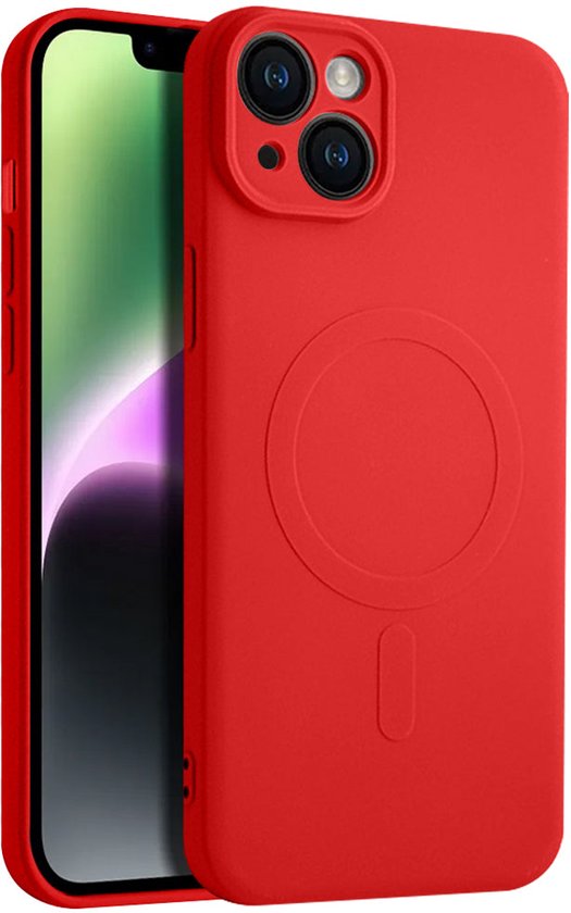 Rood siliconen hoesje voor iPhone 15 Plus met MagSafe-compatibiliteit. Zichtbare cirkel voor MagSafe.