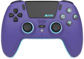 Paarse draadloze controller met blauwe lichtaccenten rond de joysticks en lichtblauwe symbolen.