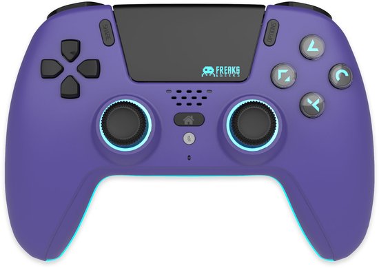 Paarse draadloze controller met blauwe lichtaccenten rond de joysticks en lichtblauwe symbolen.