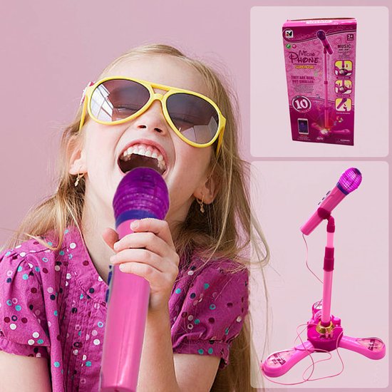 Roze Karaokemicrofoon voor Kinderen - Verstelbare Standaard 40-90 cm - Roterende Lichtbal - 10 Geluidseffecten - Voor Smartphone & MP3 - Vanaf 3 Jaar — afbeelding 2