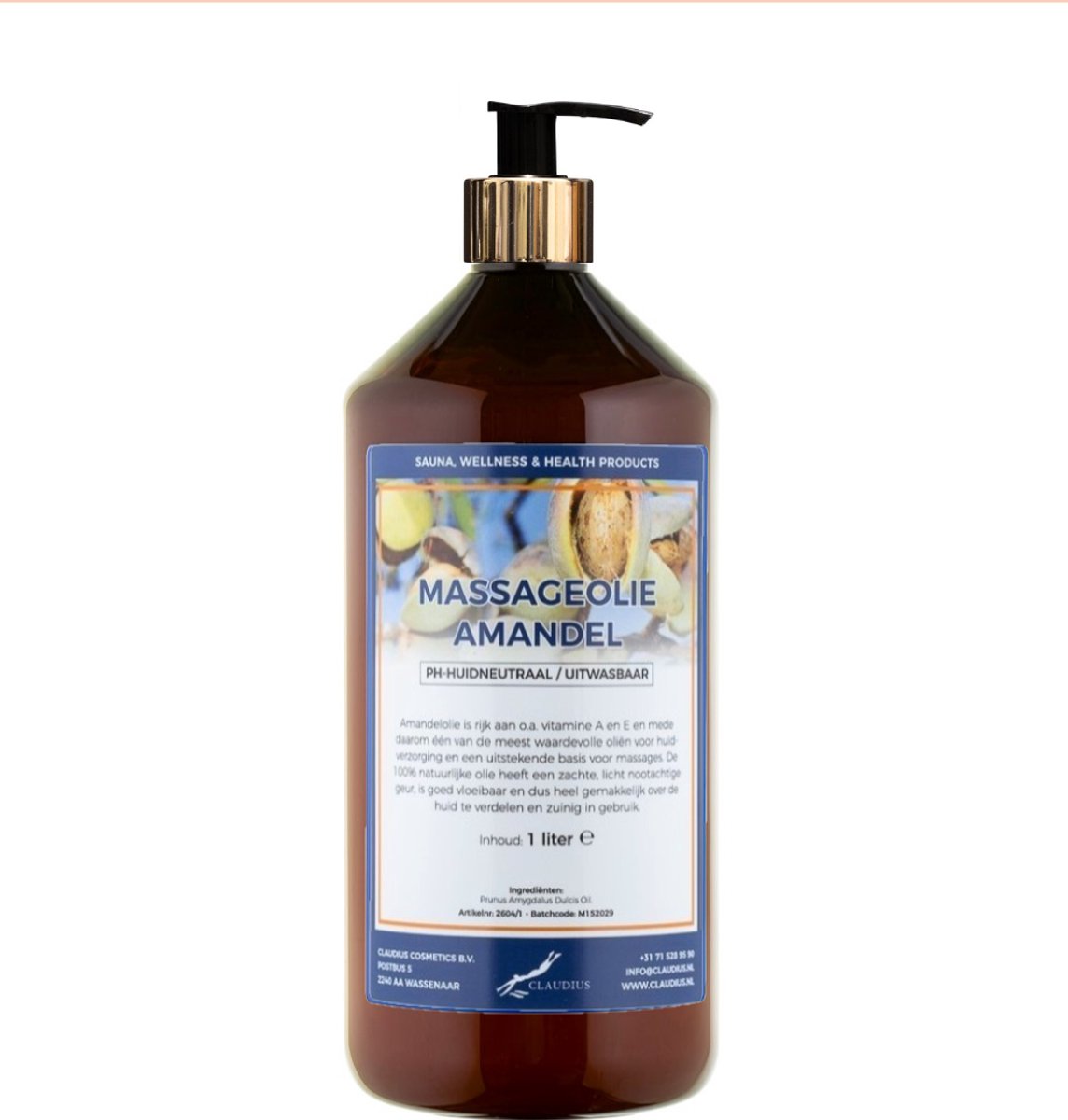 Massageolie Amandelolie 1 liter met gouden pomp - amber fles - 100% natuurlijk - biologisch en koud geperst