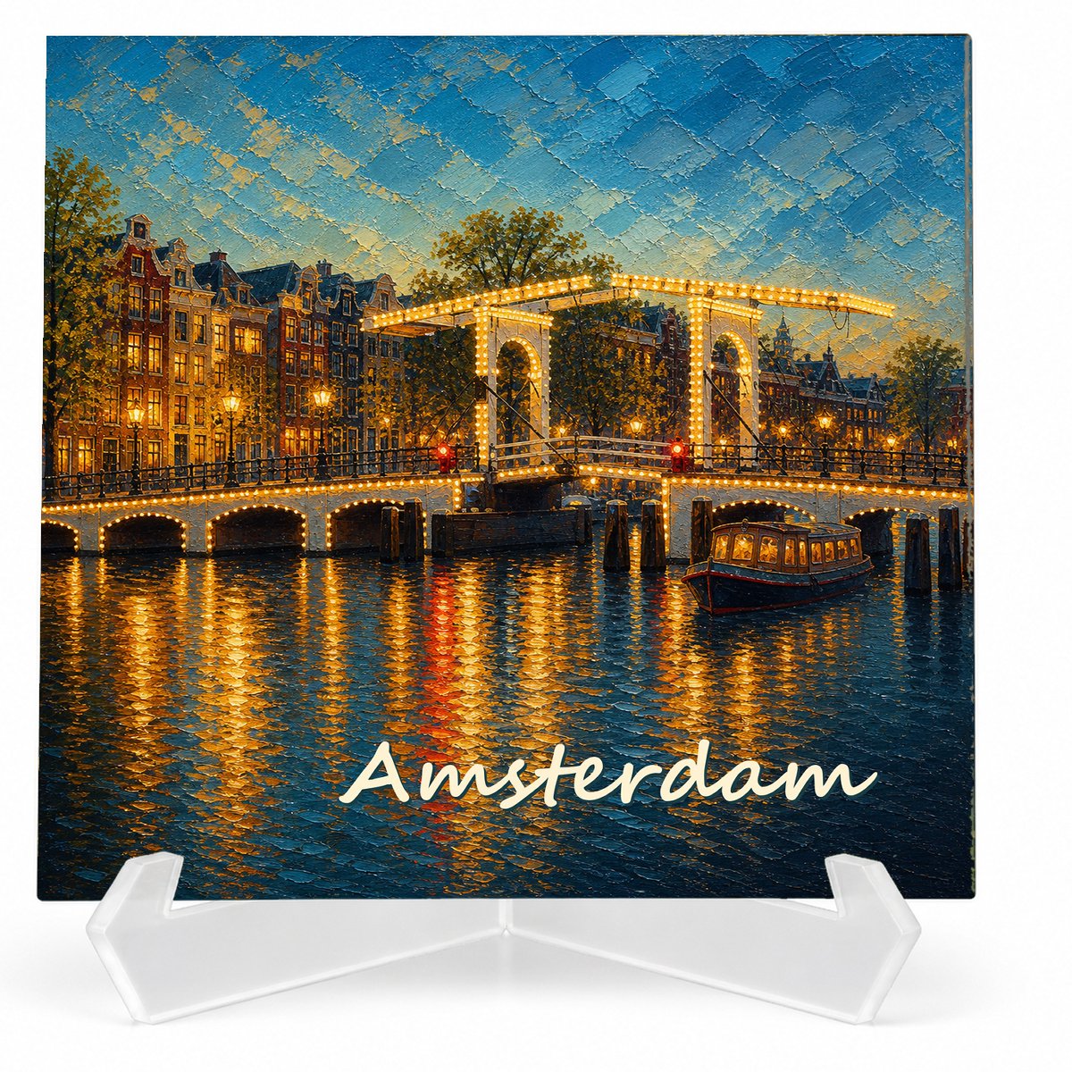 Kleurmedia Tegeltje Amsterdam – Magere Brug – Keramiek 15 x 15 cm – Inclusief transparante houder – Souvenir