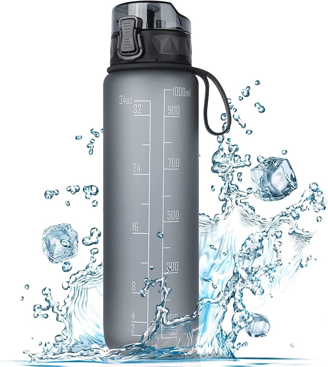 Waterjug - Grijs - 1 liter - BPA-vrije sportwaterfles met antislip grip - Voor outdoor en sport