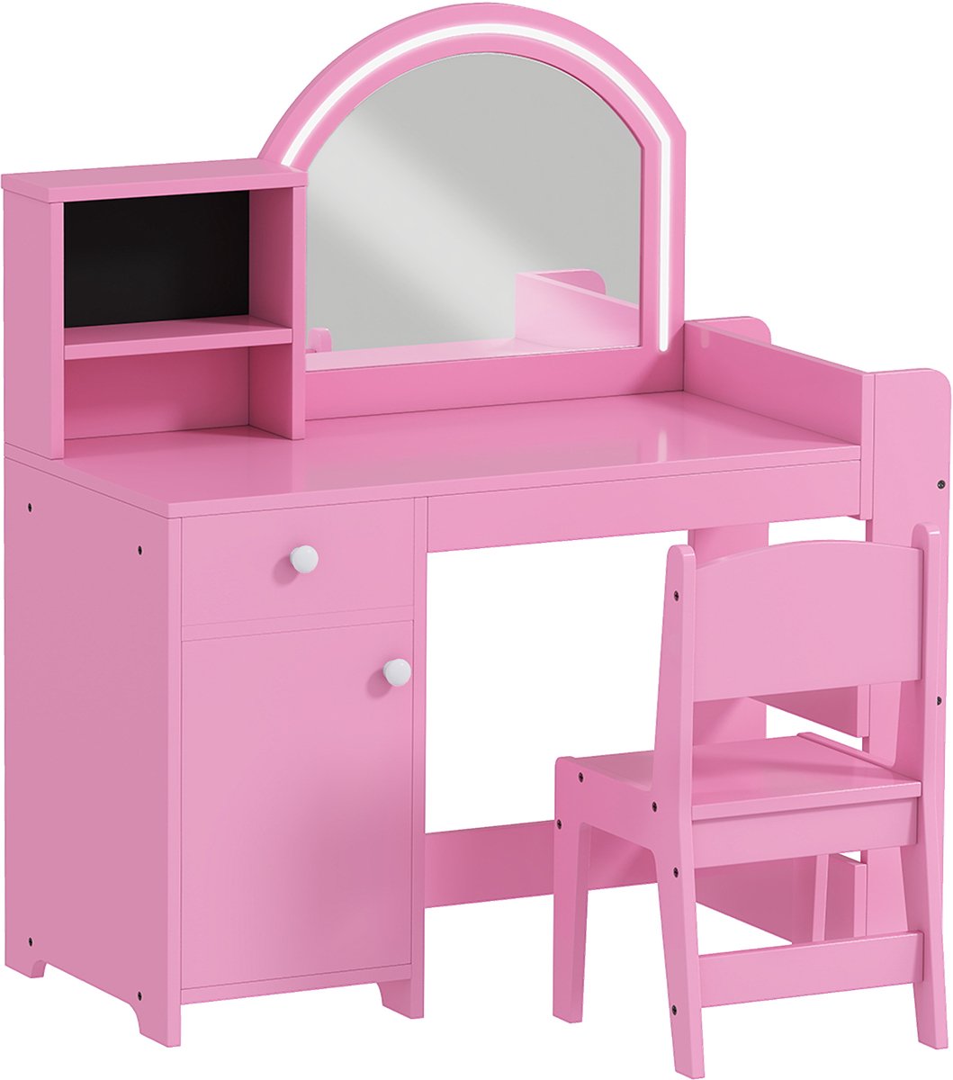Kinderkast en stoel set - meisjes kast met tweekleurige LED-spiegel - met lade en plank - roze