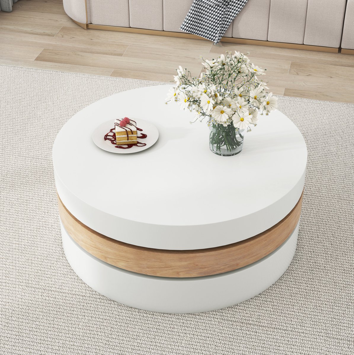REDOM - Salontafel - 360° draaibaar - 3 lagen met verborgen opbergruimte - Modern - Woonkamer - MDF - Wit en naturel - 60 x 60 x 35,1 cm