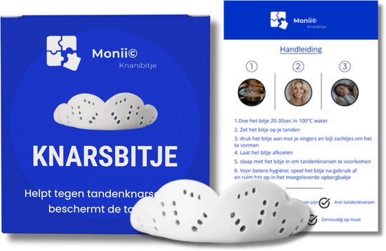 Monii Knarsbitje verpakking en bitje. "Helpt tegen tandenknarsen, beschermt de tanden."