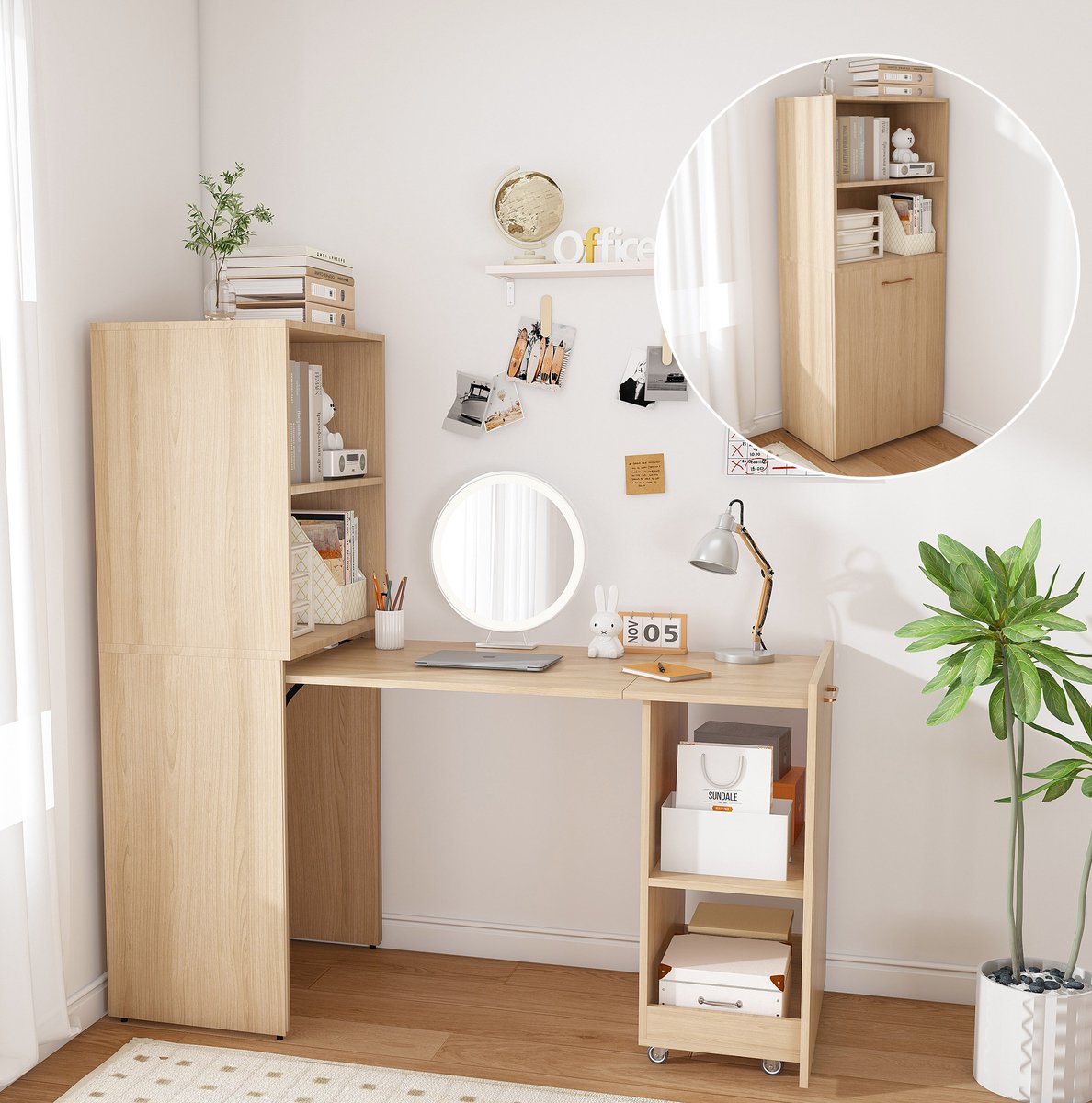 REDOM - Bureau met opbergkast - Uitschuifbaar tafelblad - Opbergruimte - MDF - Voor slaapkamer en werkkamer - 136 x 126 x 40 cm