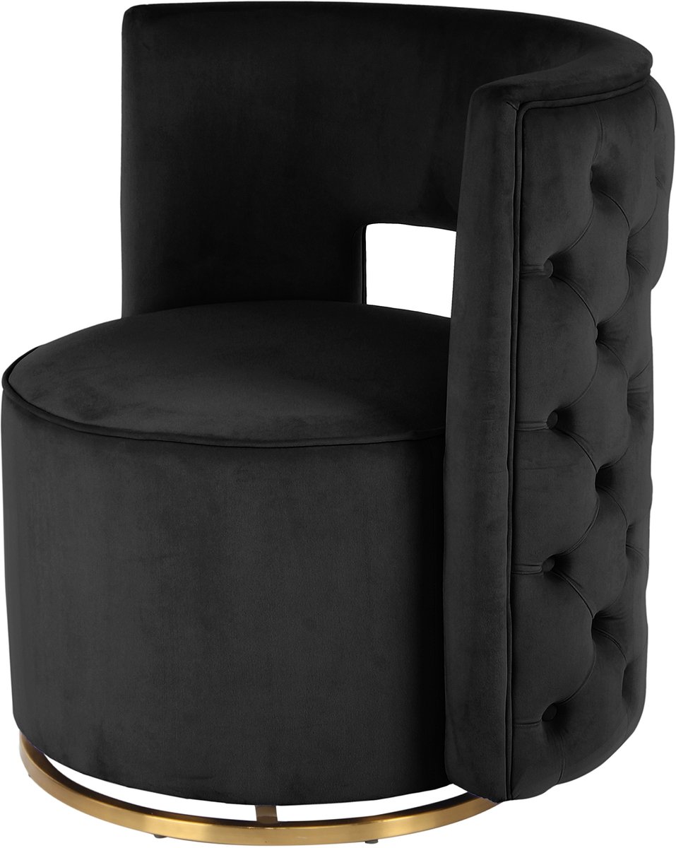 Padiro draaifauteuil 74 x 66,5 x 77,5 cm - zwart en goudkleurig - fluweel - ronde rugleuning en sierknopen