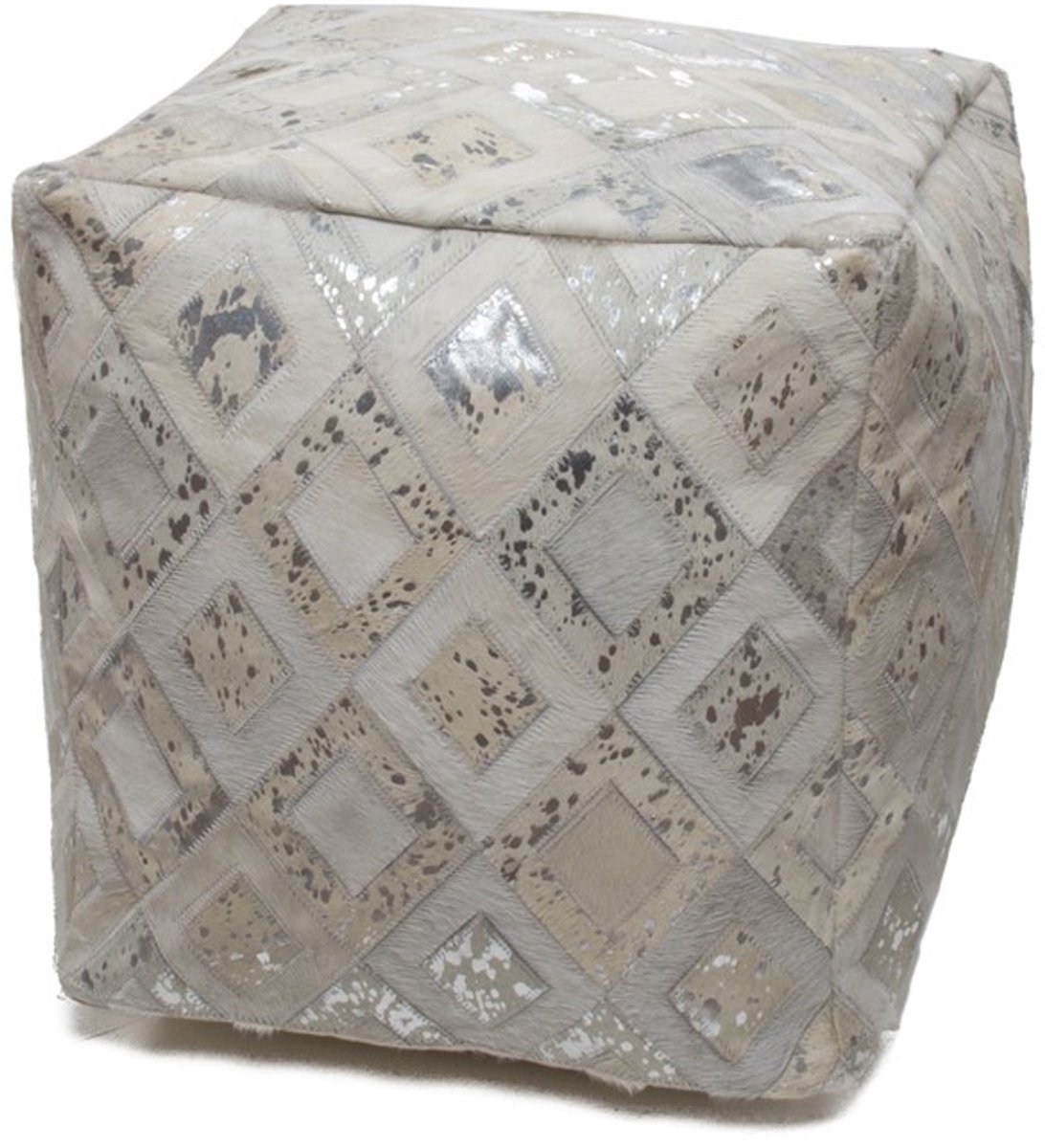 Padiro vierkante poef 45 x 45 x 45 cm - grijs en zilverkleurig - leer - handgemaakt met ruitpatroon