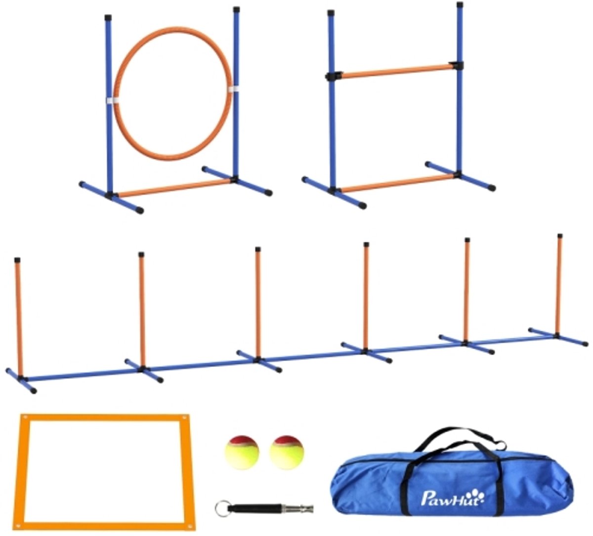 Honden Agility Set 7-delig Hondenparcours met 2 Hordes Verstelbare Hoepel Slalomstangen 2 Tunnels Pauzebox Fluitje en Draagtas voor Hondentraining Blauw Rood