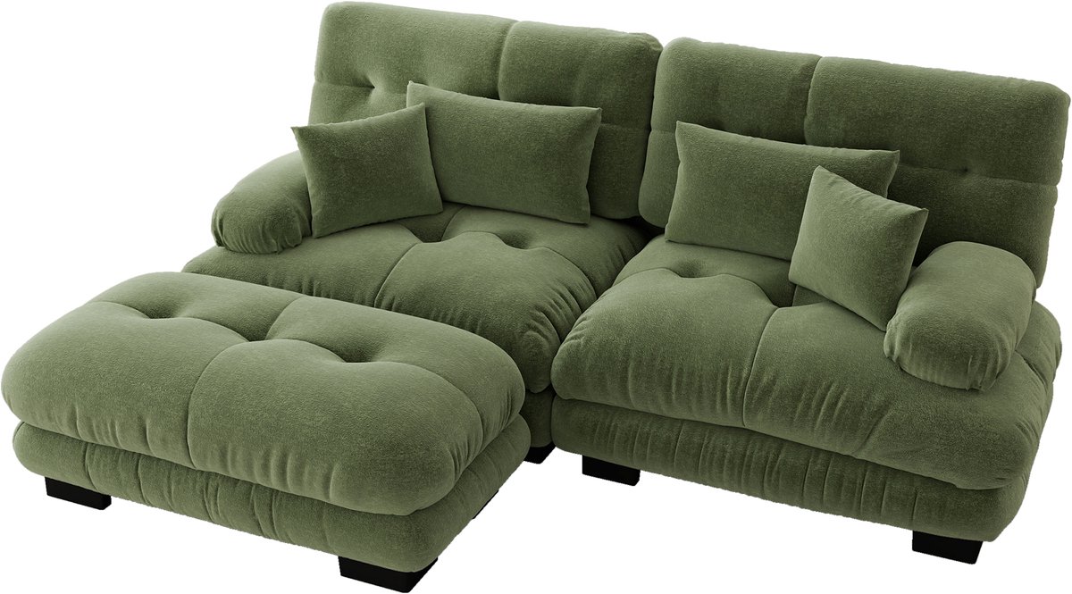 Cloud Ecksofa voor woonkamer, Chenille hoekbank met 2 lendenkussens en 2 decoratieve kussens, gepolst bank met brede armleuningen en ottomane, Chenille Groen