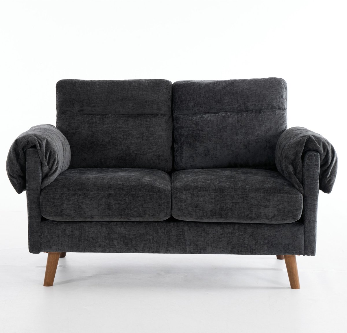 MUVANO Zwarte Chenille Tweezitsbank - Mid-Century Kleine Bank - Comfortabele Loveseat - 124x70x85 cm - Zitmeubel - Voor Woonkamer Zwart