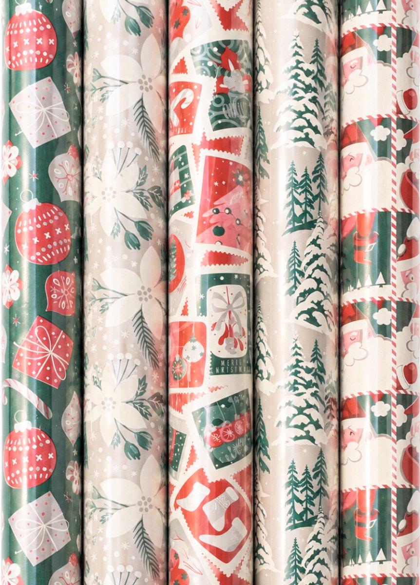 Cadeaupapier Set – Nordic Christmas Collection (5 Stuks) – 200×70 cm – Groen, Crème & Rood – Kerstballen, Winterbloemen, Kerstpost & Dennenbomen – Inpakpapier
