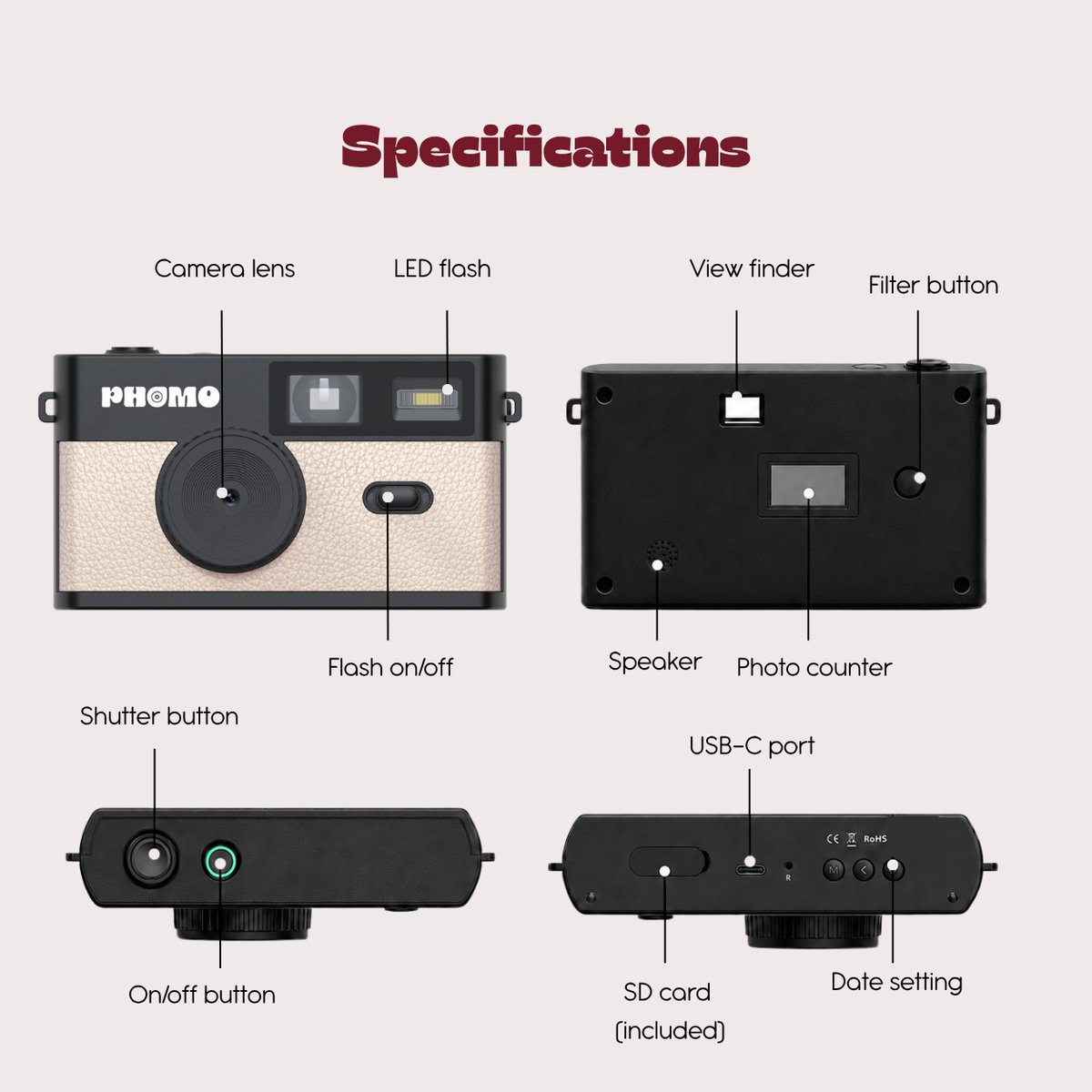 Phomo Digitale Retro Camera - Compact Camera - 8MP - 4 Retrofilters - Flits - SD-kaart - USB-C - Beige thumbnail 3