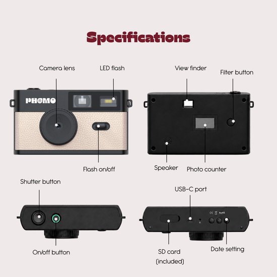 Specificaties van de Phomo camera met lens, LED flitser, zoeker en knoppen.