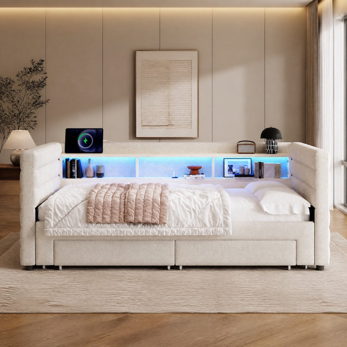 WUVRIE Bedbank 90x190 cm met uitschuifbed, 2 lades, LED, USB-C en opbergruimte, beige