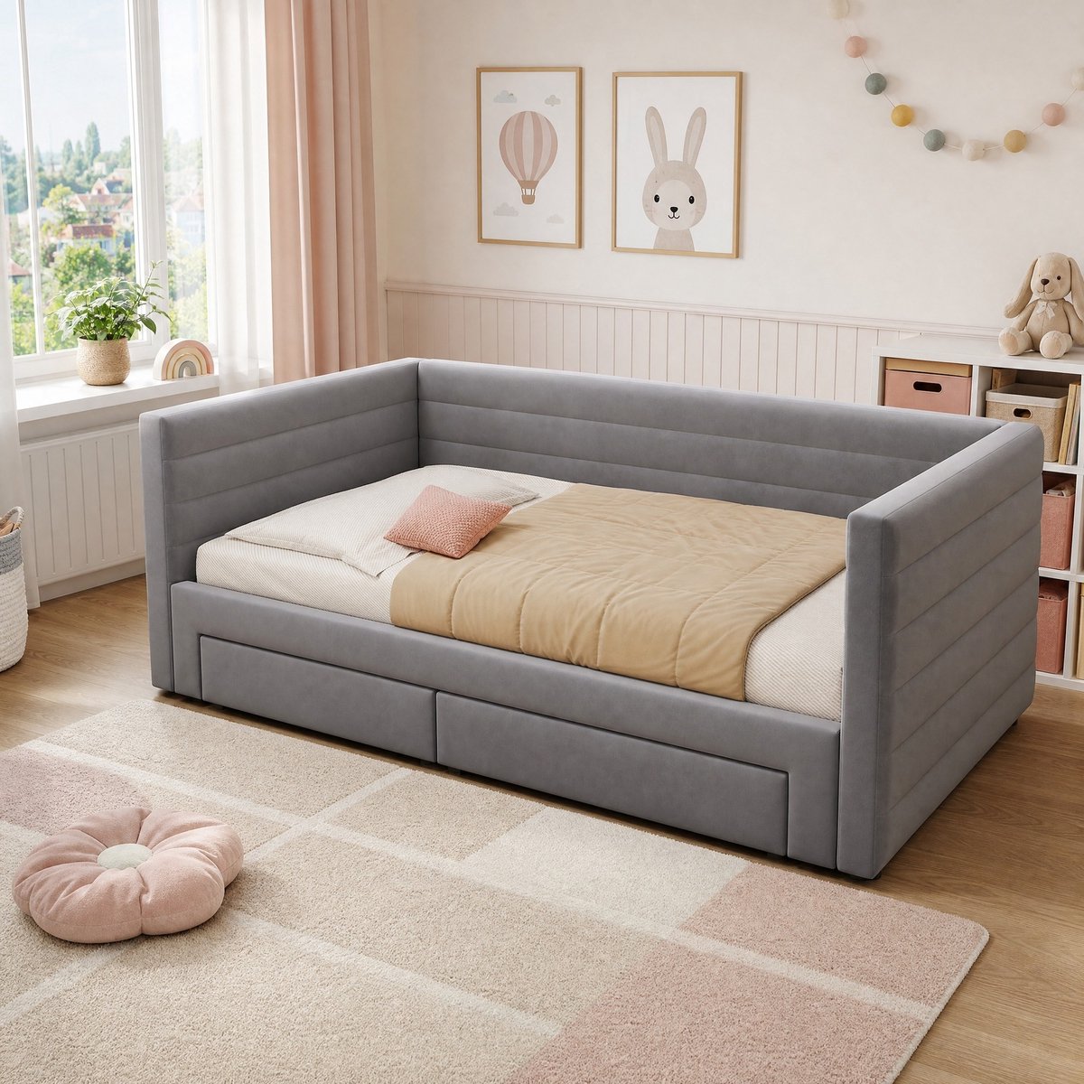 WUVRIE Slaapbank 3-in-1 90 x 190 cm, uitschuifbaar tot 180 x 190 cm met 2 lades en lattenbodem, grijs