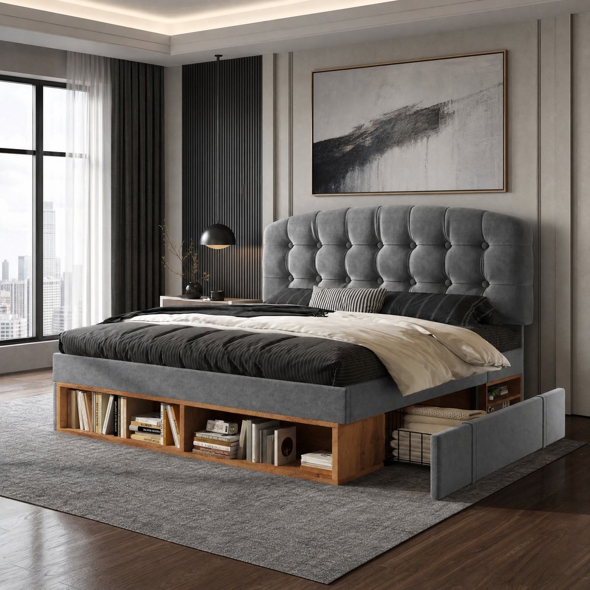 WUVRIE Gestoffeerd tweepersoonsbed 140x190 cm met verstelbaar hoofdeinde, lades en opbergruimte, grijs